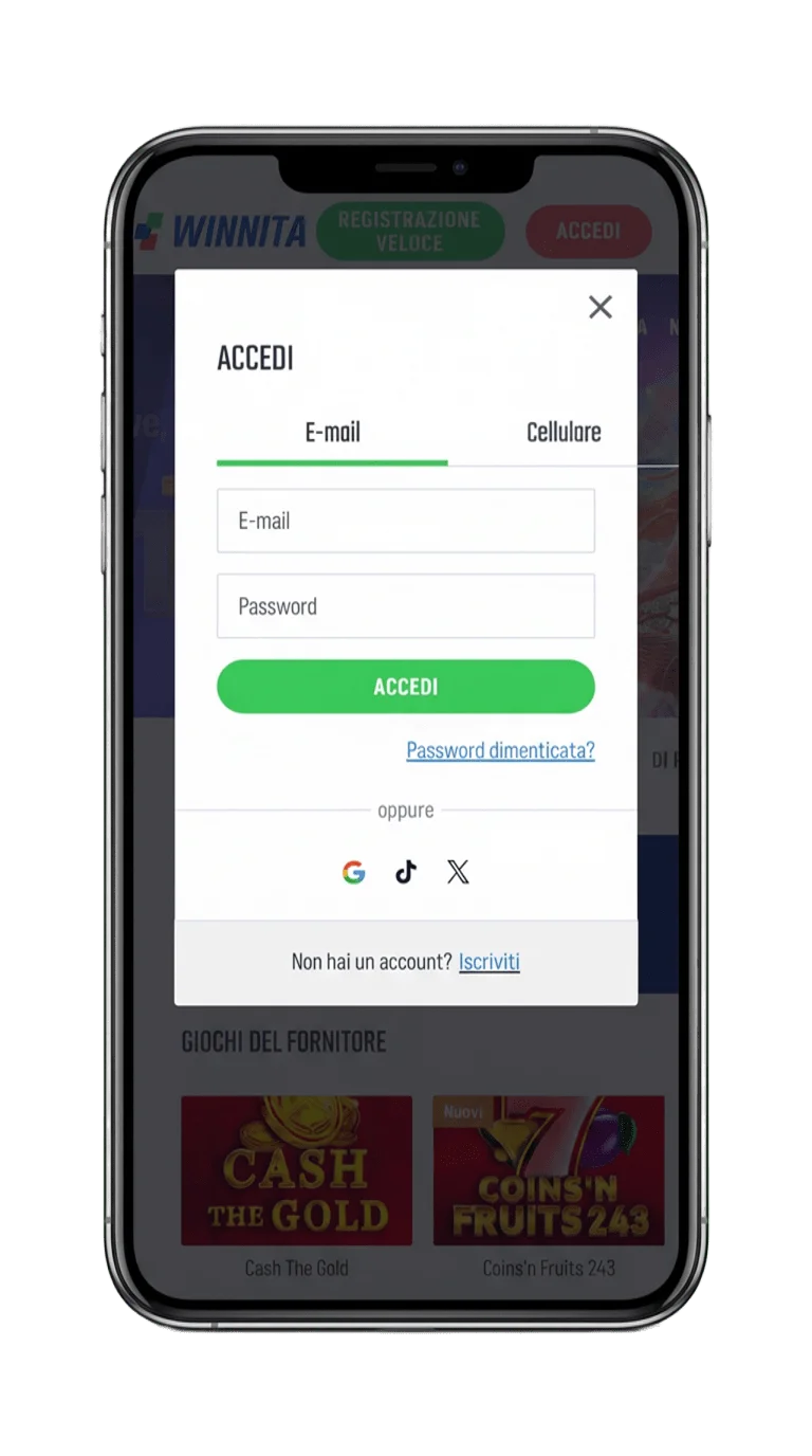 Screenshot app mobile Winnita Casino — schermata principale